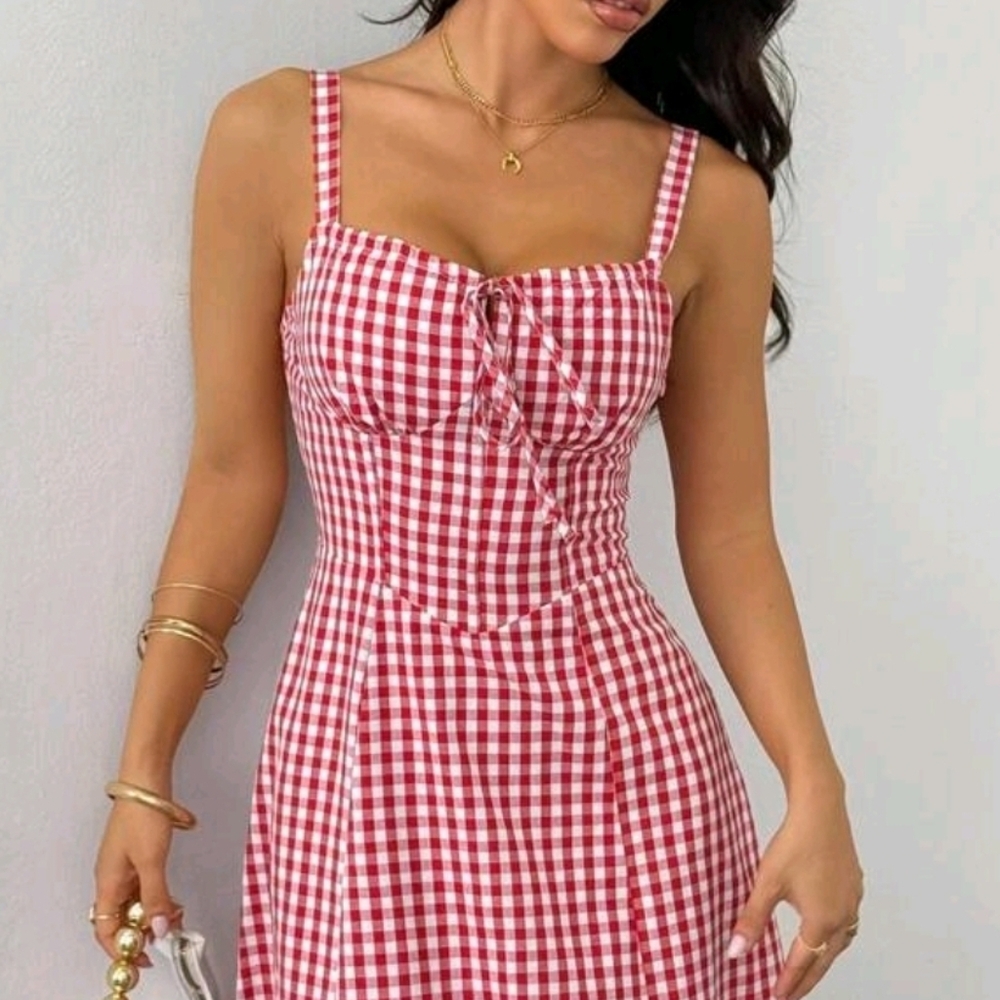 New Gingham Lace Up Back A Line Midi Dress Red White - Picture 3 of 8